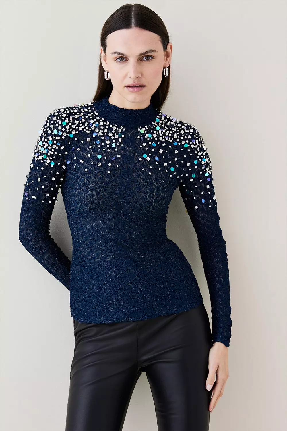 Crystal Embellished Scale Stitch Knit Sweater