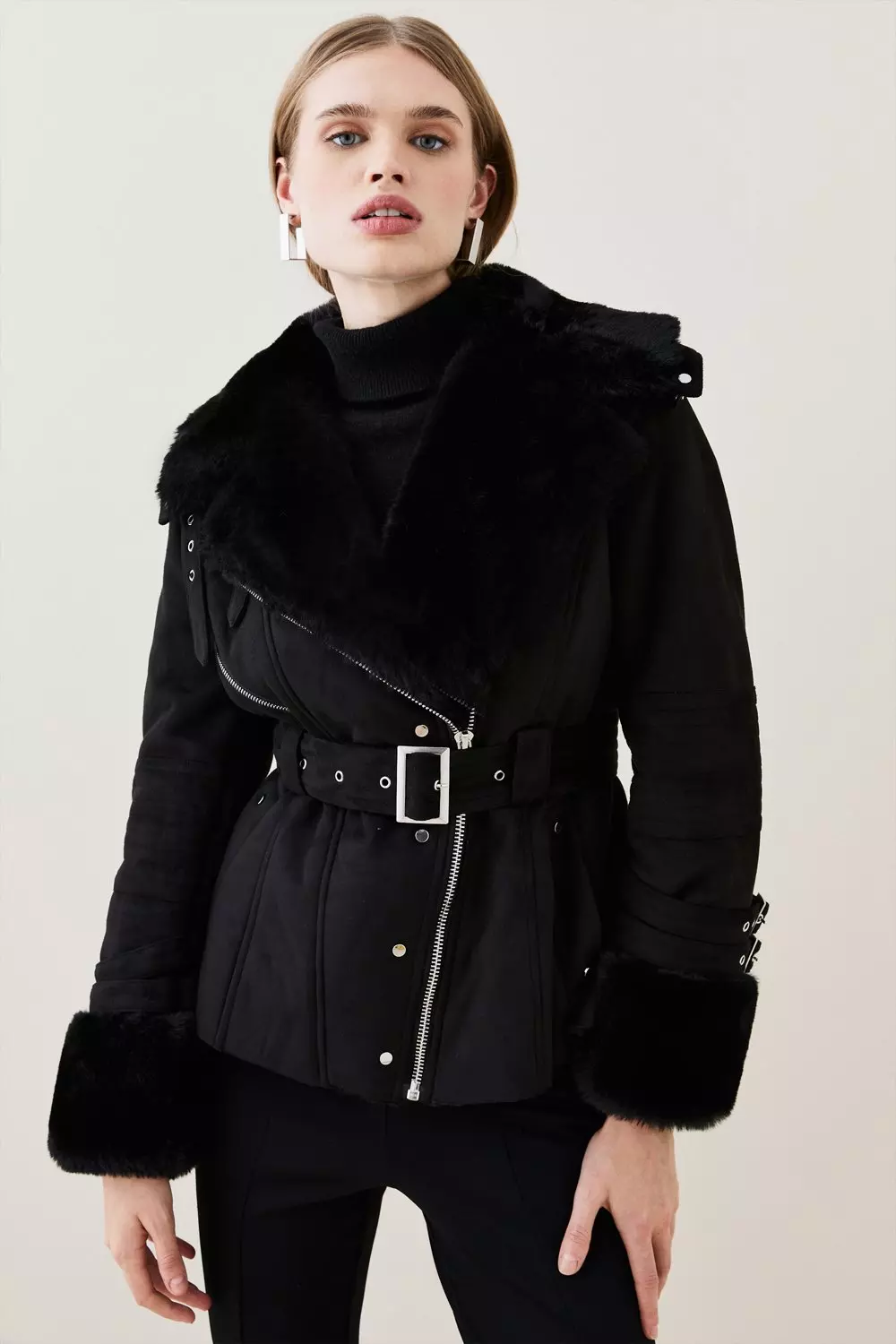 Faux leather biker jacket with faux shearling outlet lining