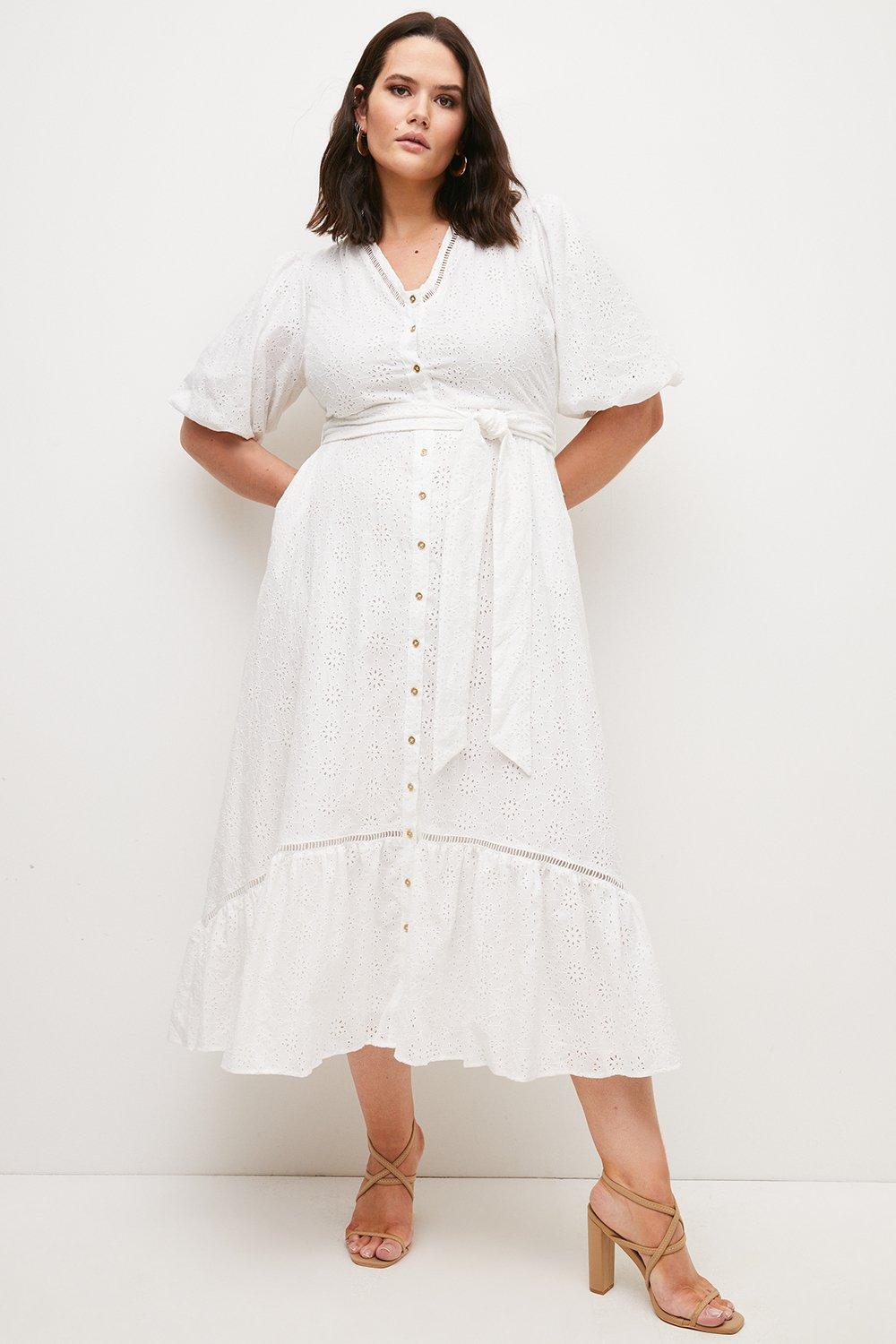 Plus Size Cotton Broderie Belted Midi Dress | Karen Millen