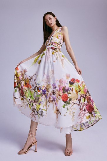 Wild Rose Garden Border Silk Cotton Maxi Dress