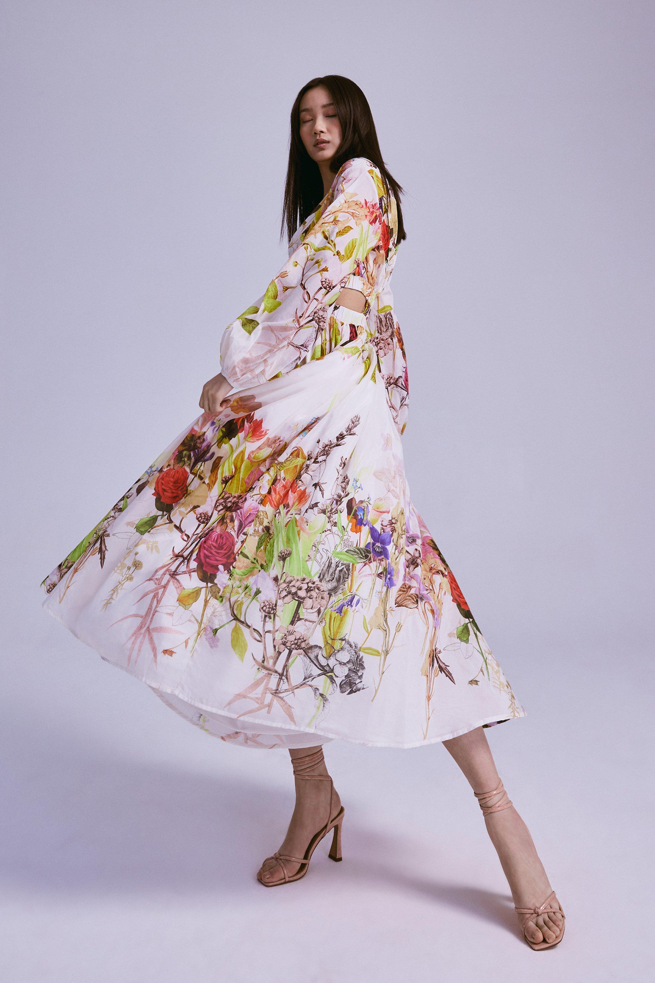 Rose Garden Border Silk Cotton Maxi Dress | Karen Millen