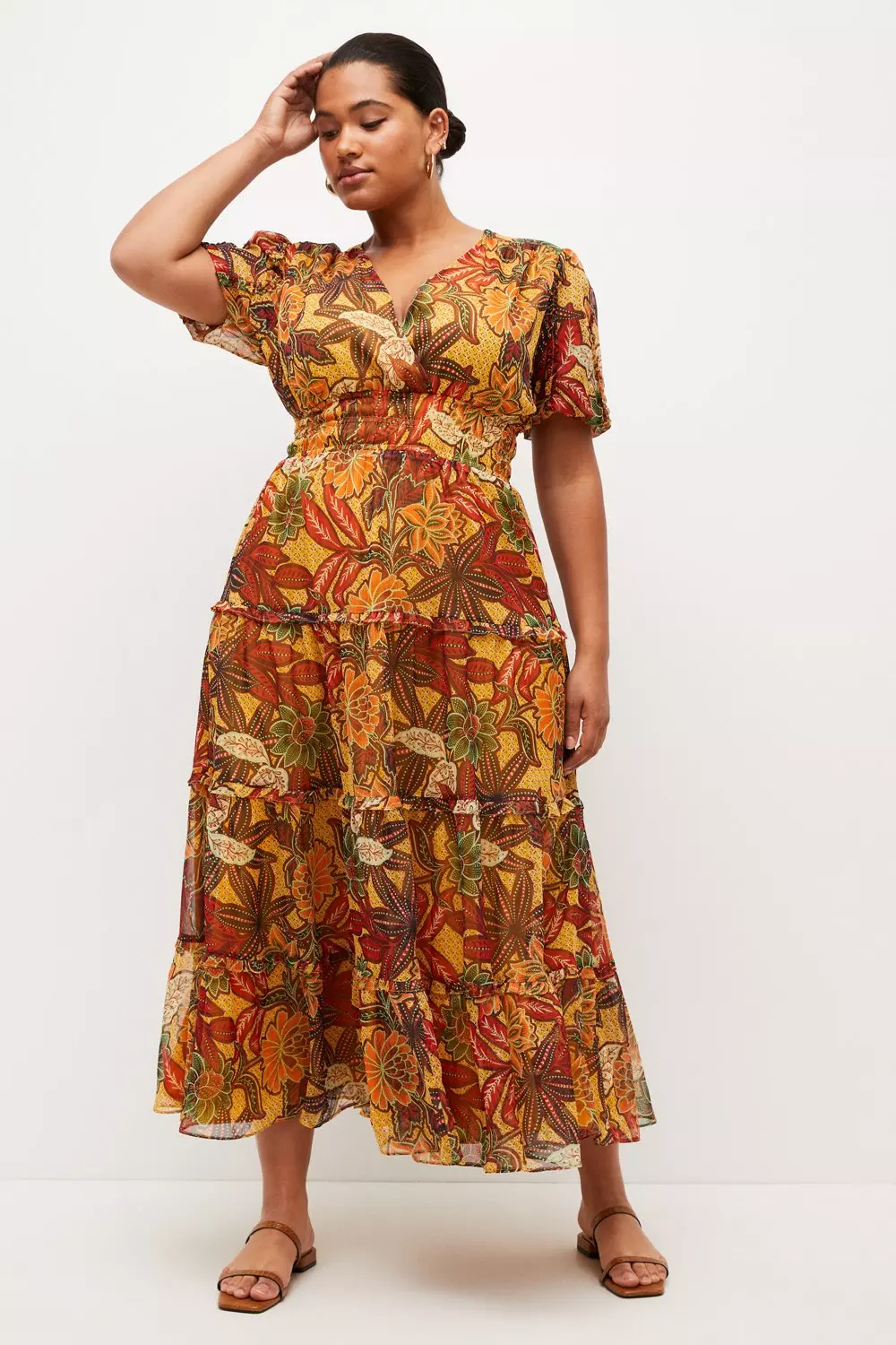 Plus Size Batik Print Ruffle Shirred Woven Maxi Karen Millen