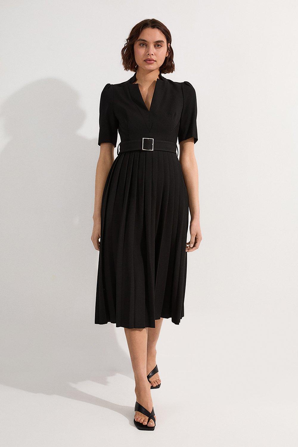 Tailored Structured Crepe Forever Pleat Belted Midi Dress - Black