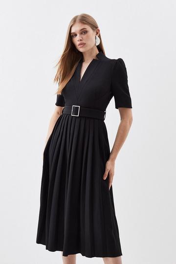 Tailored Structured Crepe Forever Pleat Belted Midi Dress black
