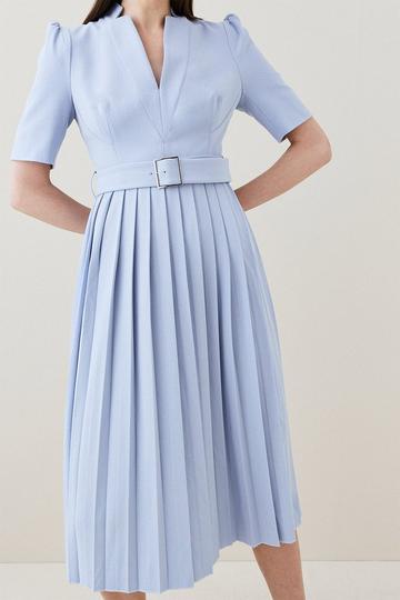 Blue Tailored Structured Crepe Forever Pleat Belted Midi Dress