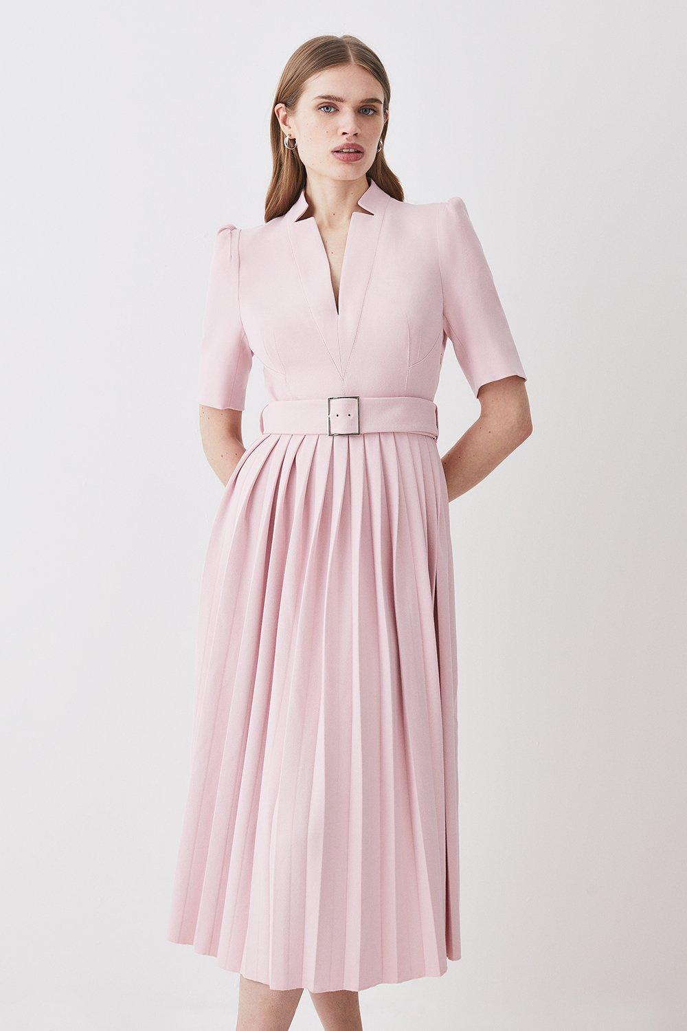 Tailored Structured Crepe Forever Pleat Belted Midi Dress | Karen Millen