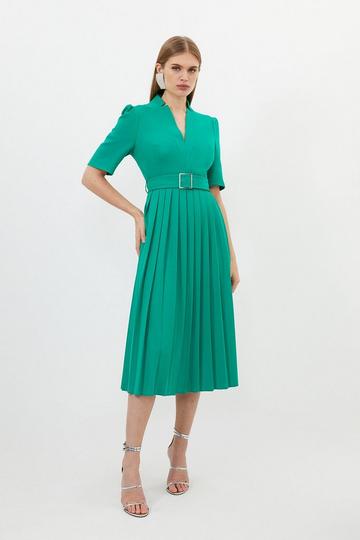 Green Tailored Structured Crepe Forever Pleat Belted Midi Dress