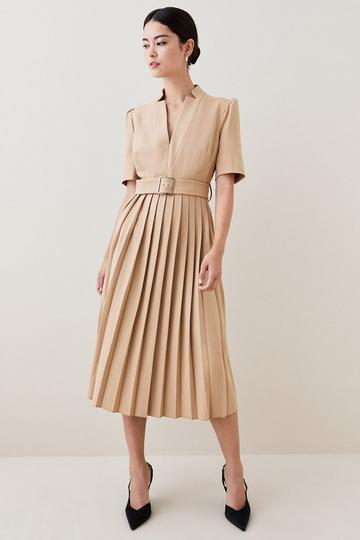 Tailored Structured Crepe Forever Pleat Belted Midi Dress camel
