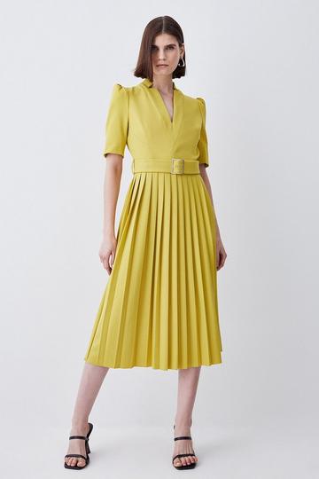 Tailored Structured Crepe Forever Pleat Belted Midi Dress chartreuse