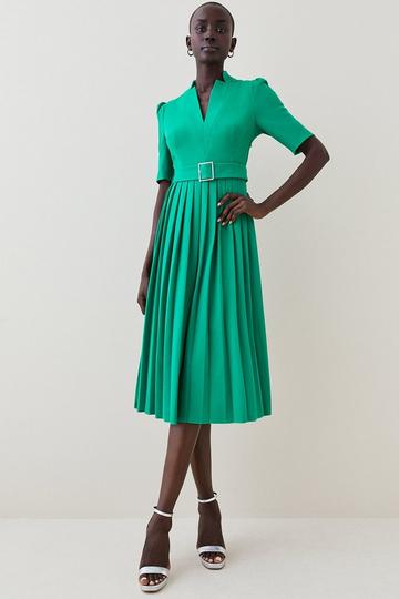 Green Tailored Structured Crepe Forever Pleat Belted Midi Dress