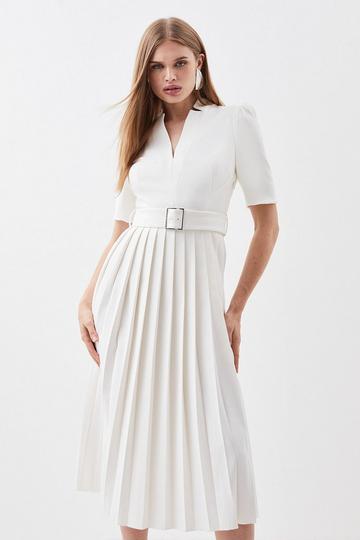 Tailored Structured Crepe Forever Pleat Belted Midi Dress ivory