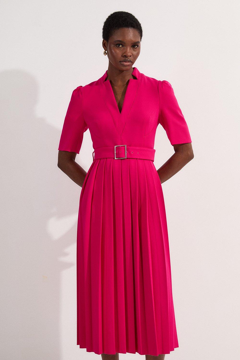 Tailored Structured Crepe Turtleneck Belted Midi Dress