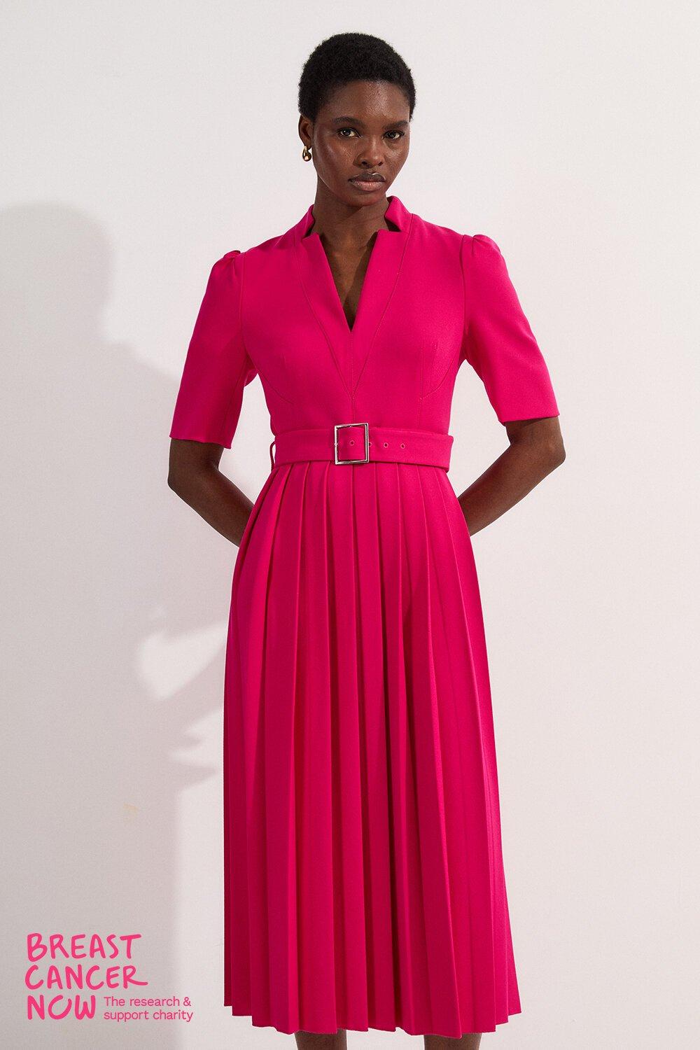 Tailored Structured Crepe Forever Pleat Belted Midi Dress - Pink