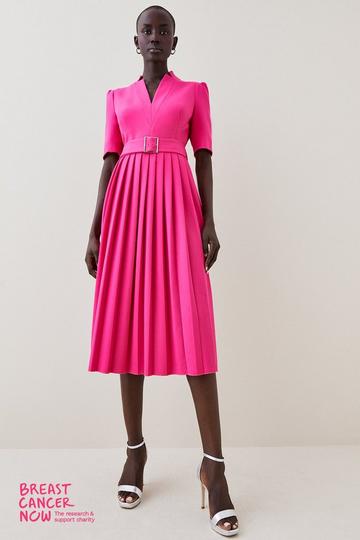 Tailored Structured Crepe Forever Pleat Belted Midi Dress magenta