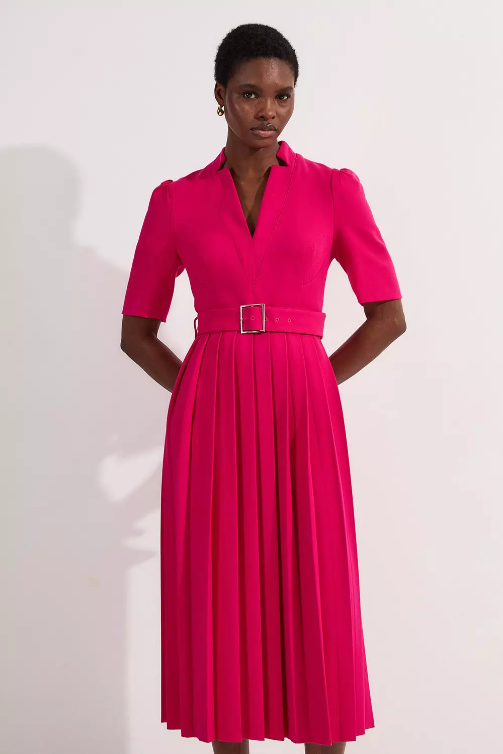 Tailored Structured Crepe Forever Pleat Belted Midi Dress Karen Millen