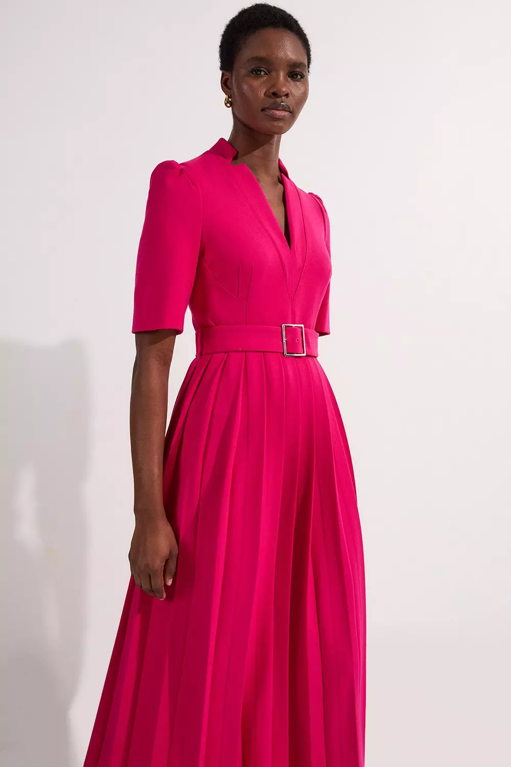 Pink pleated midi clearance dress