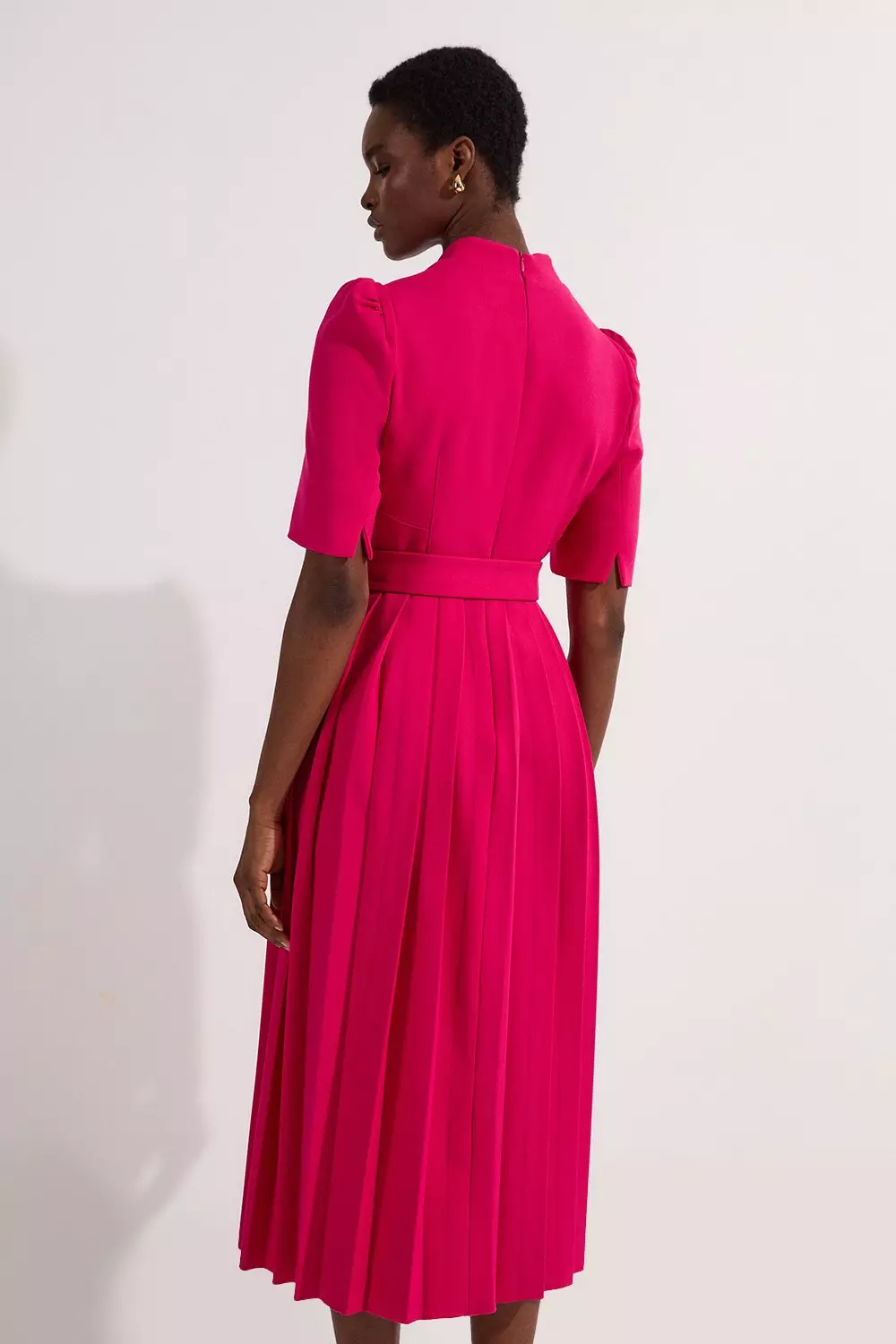 Tailored Structured Crepe Forever Pleat Belted Midi Dress