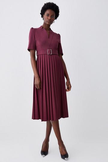 Tailored Structured Crepe Forever Pleat Belted Midi Dress merlot