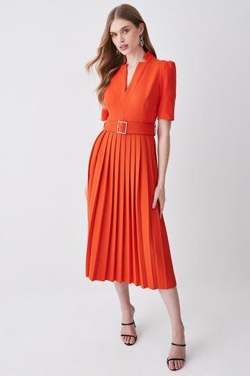 Orange Tailored Structured Crepe Forever Pleat Belted Midi Dress