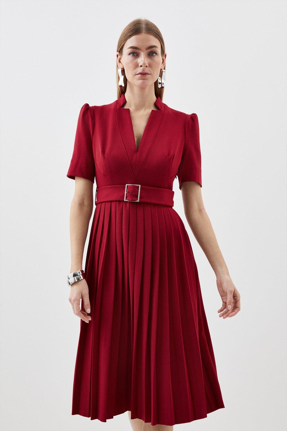 Tailored Structured Crepe Forever Pleat Belted Midi Dress | Karen Millen