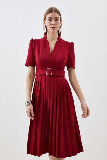 Tailored Structured Crepe Forever Pleat Belted Midi Dress oxblood