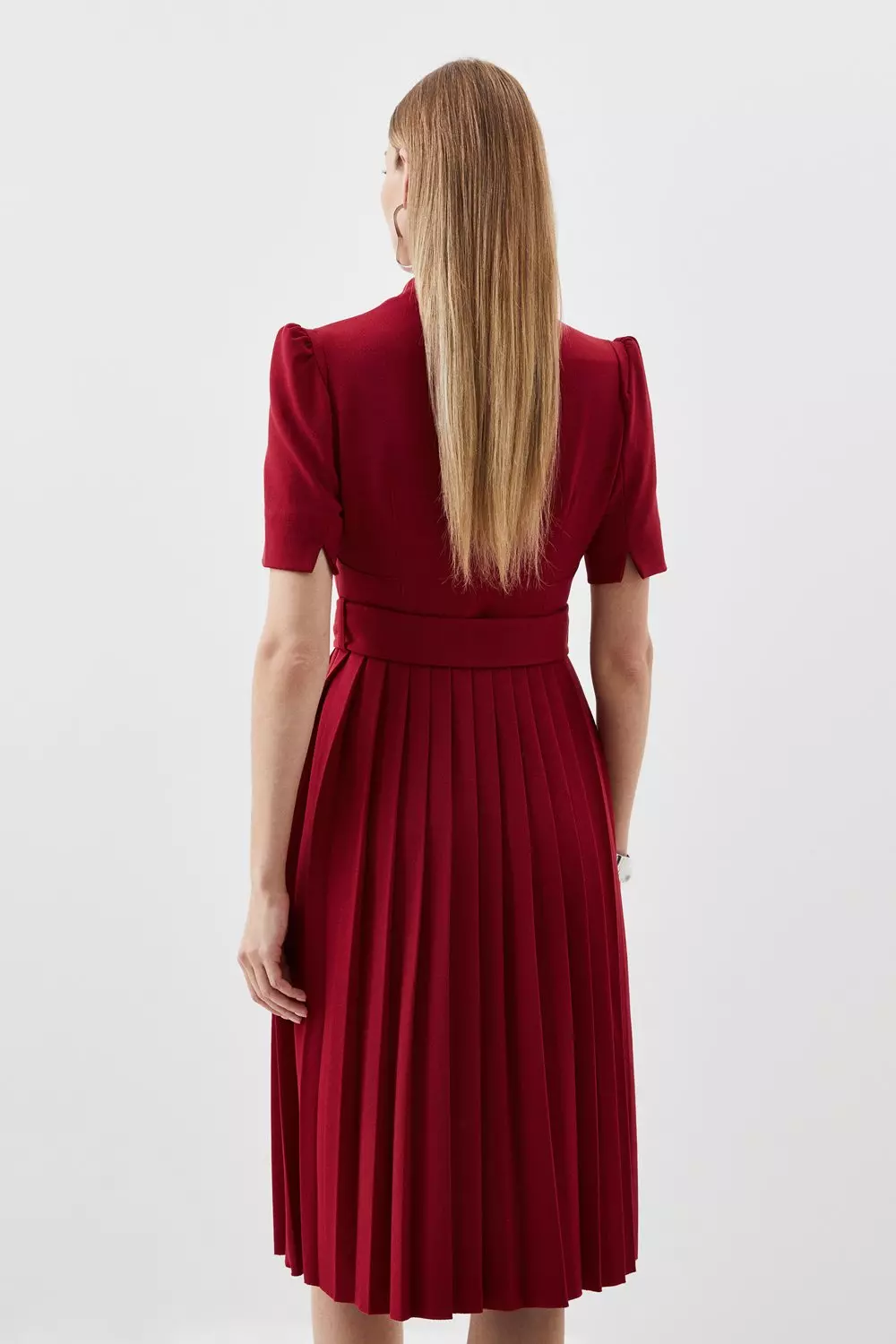 Tailored Structured Crepe Forever Pleat Belted Midi Dress | Karen