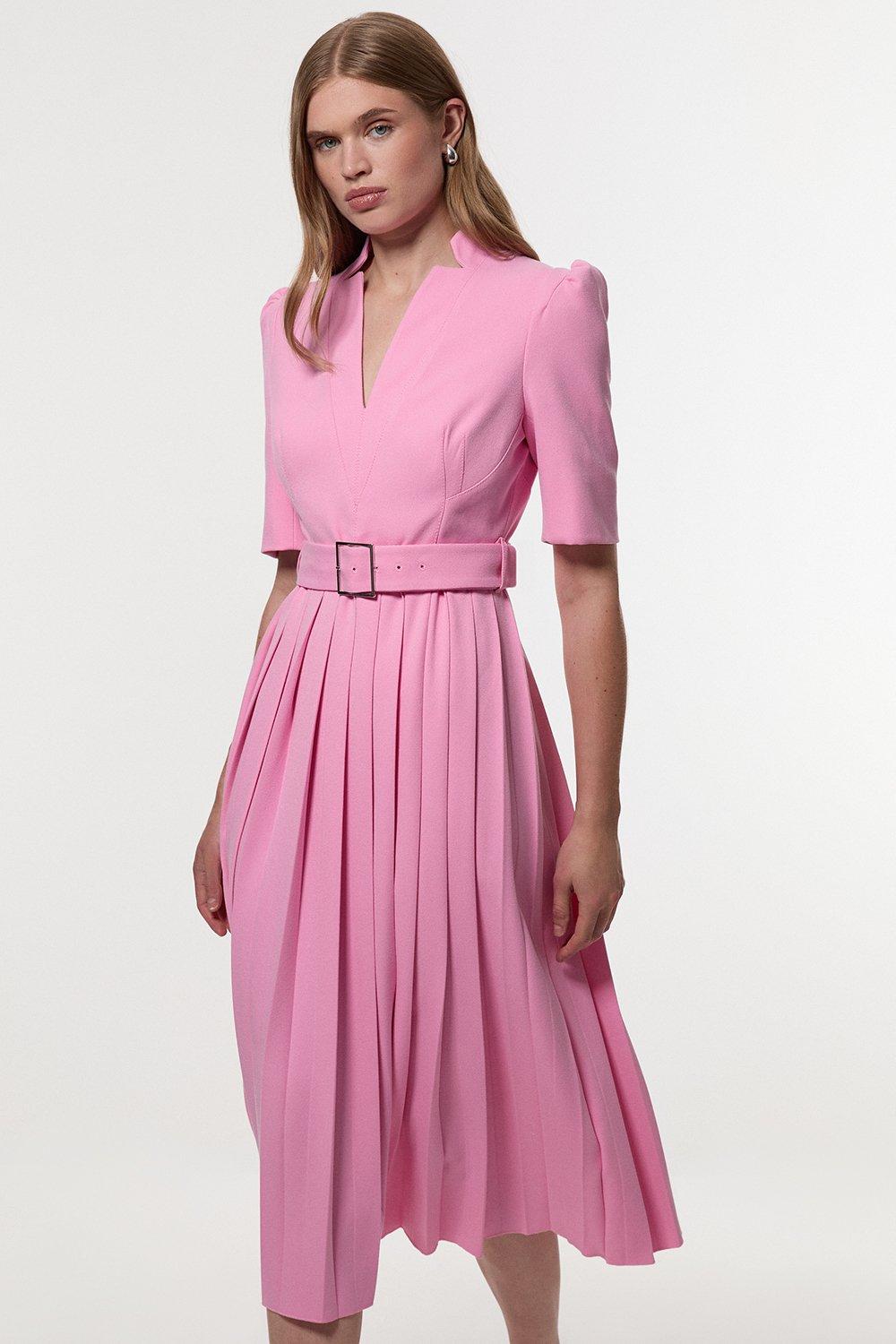 Tailored Structured Crepe Forever Pleat Belted Midi Dress - Pale Pink