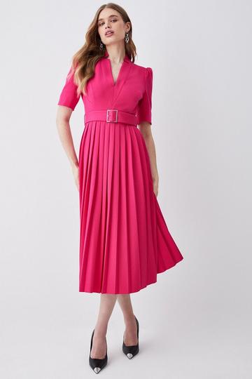 Pink Tailored Structured Crepe Forever Pleat Belted Midi Dress