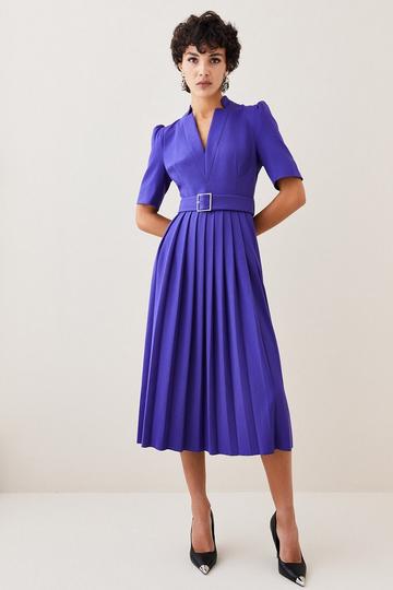 Tailored Structured Crepe Forever Pleat Belted Midi Dress purple