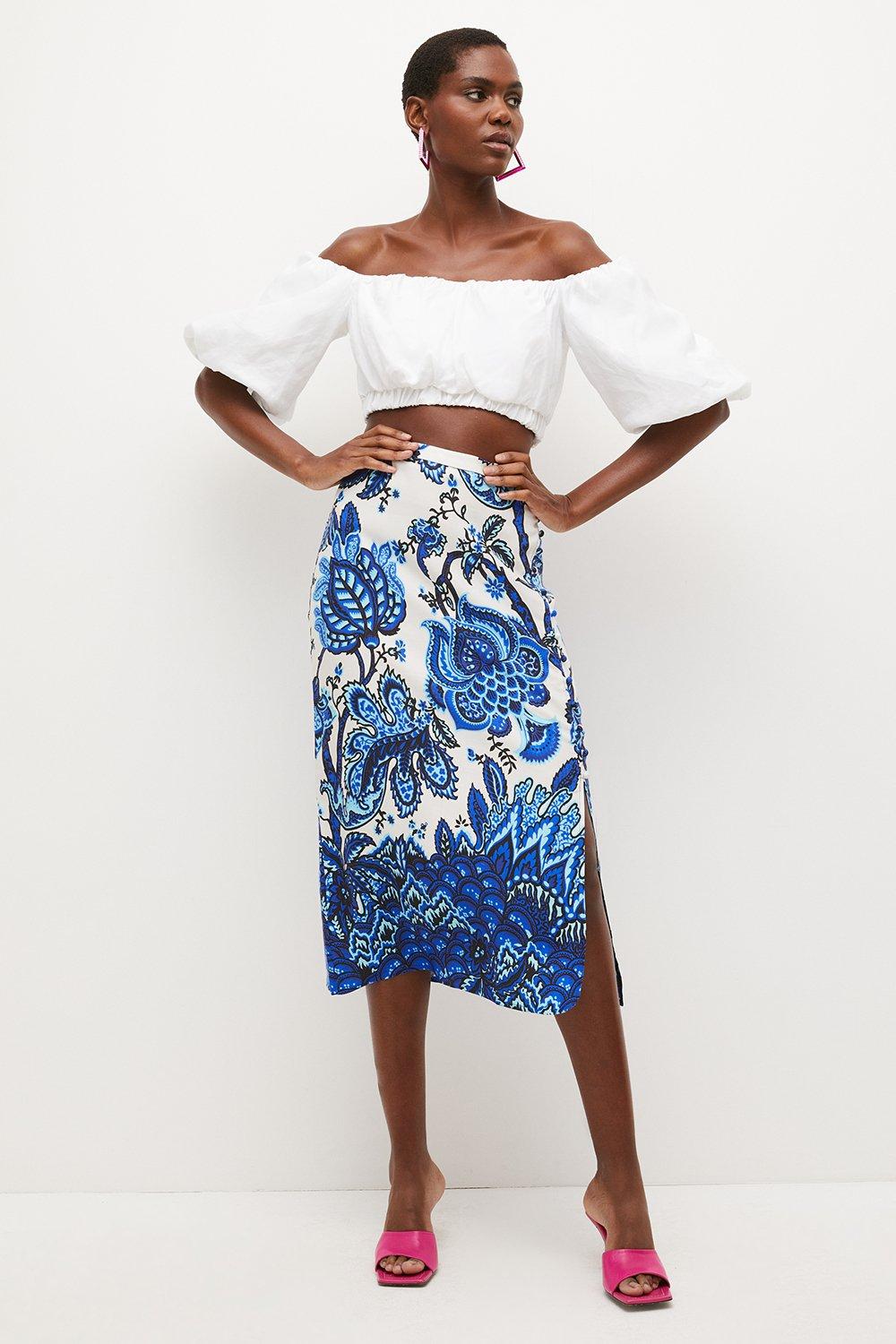 Viscose Linen Batik Print Buttoned Midi Skirt | Karen Millen