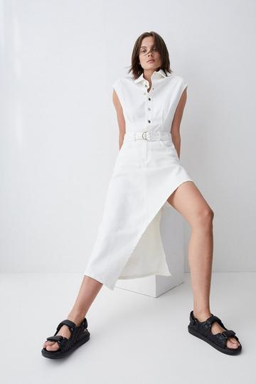 White Denim Asymmetric Hem Midi Shirt Dress