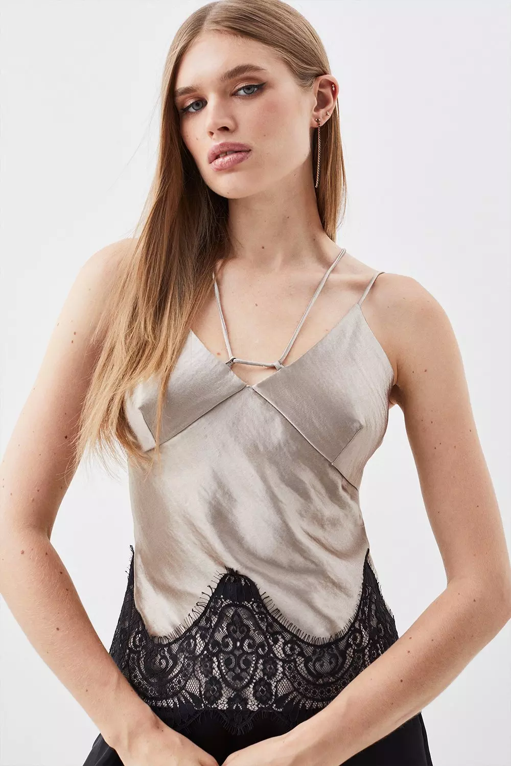 Textured Satin Lace Hem Woven Cami