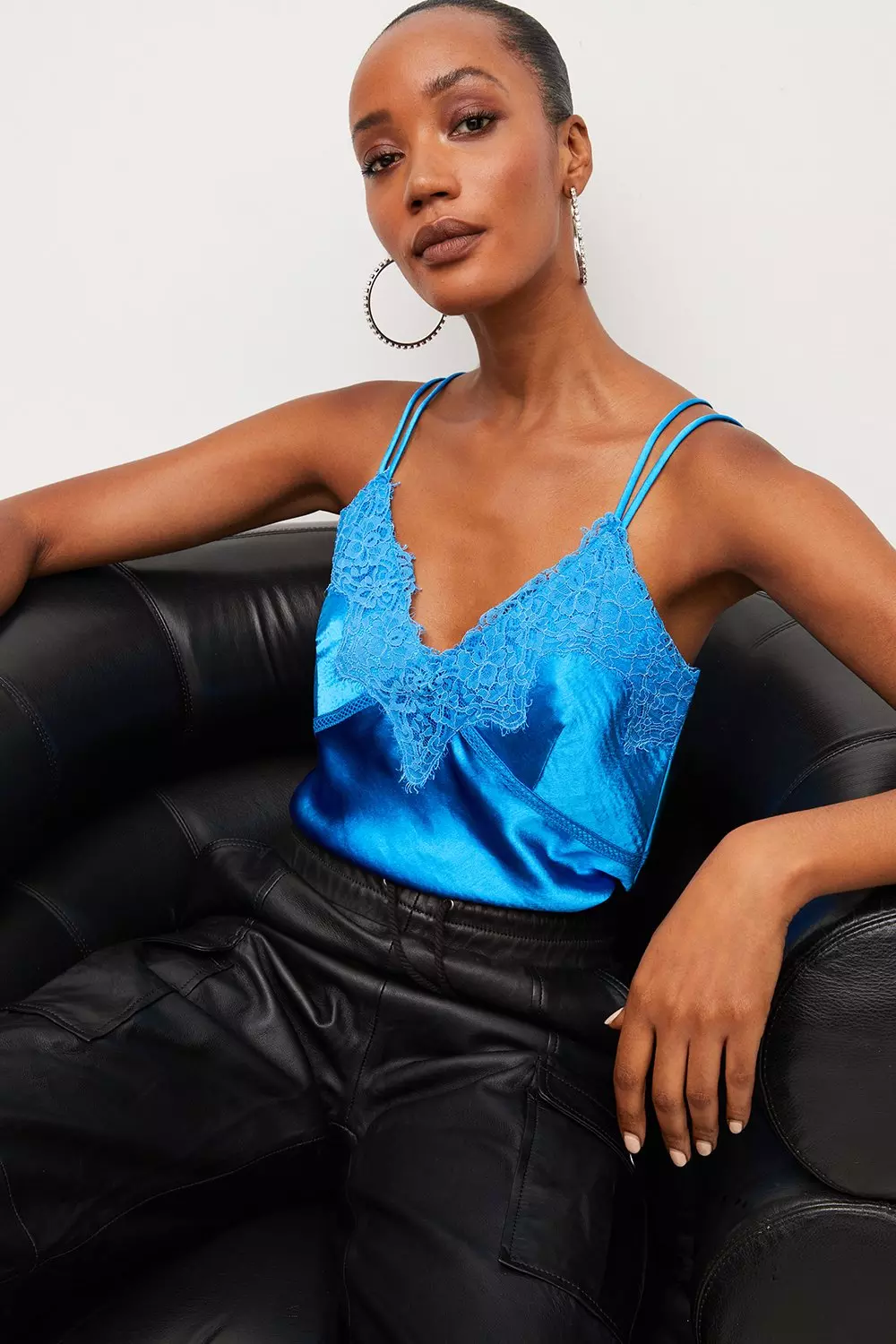 Textured Satin Lace Trim Woven Cami | Karen Millen