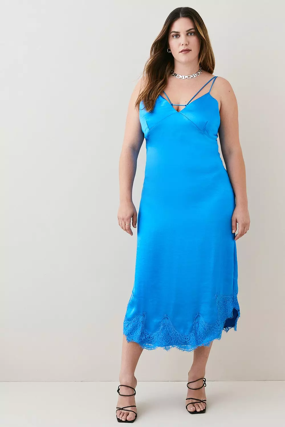Plus Size Textured Satin Lace Hem Midi Slip Dress | Millen