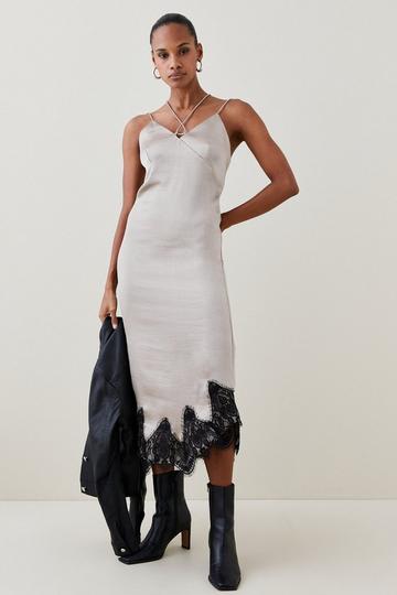 Textured Satin Lace Hem Woven Midi Slip Dress mink