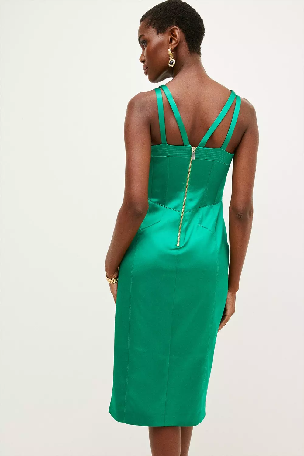 Italian Structured Satin Bustier Pencil Midi Dress | Karen Millen