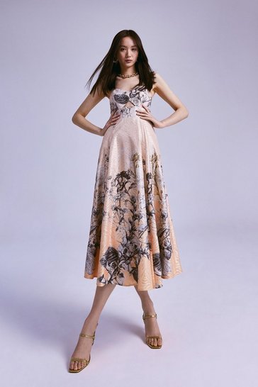Hydrangea Bloom Print Metallic Jacquard Maxi Prom Dress