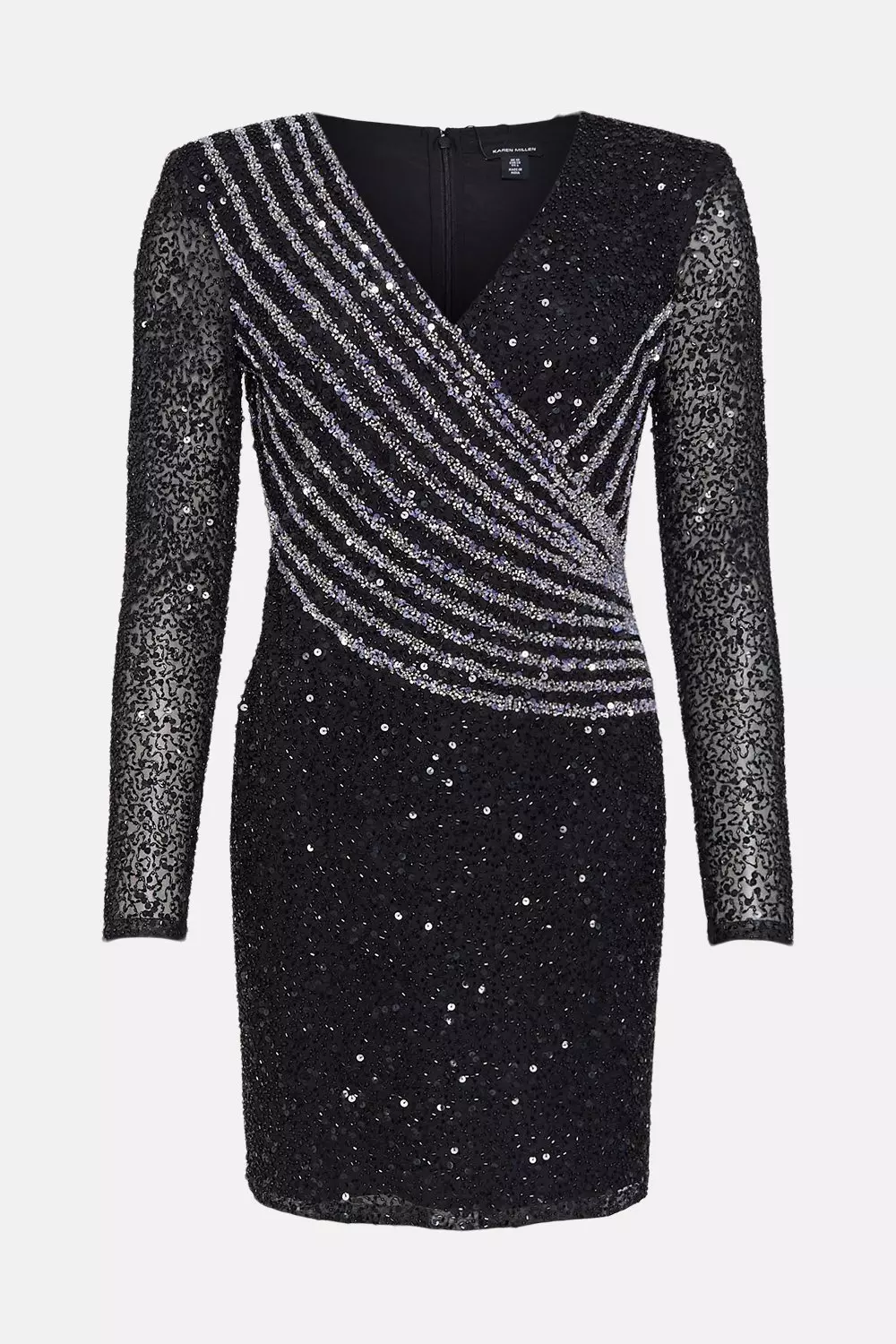 Centre of Attention Black Crystal Embellished Long Sleeve Flutter Effect  Trim Party Mini Dress