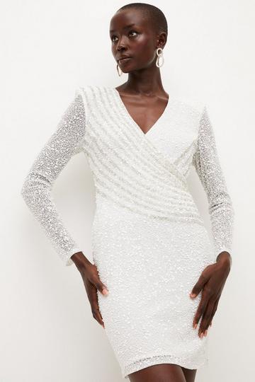 White Crystal Embellished Draped Front Mini Dress