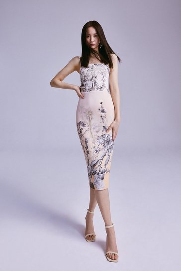 Hydrangea Bloom Print Cut Out Zip Detail Midi Dress