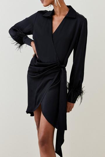 Tailored Satin Back Crepe Feather Cuff Mini Dress black