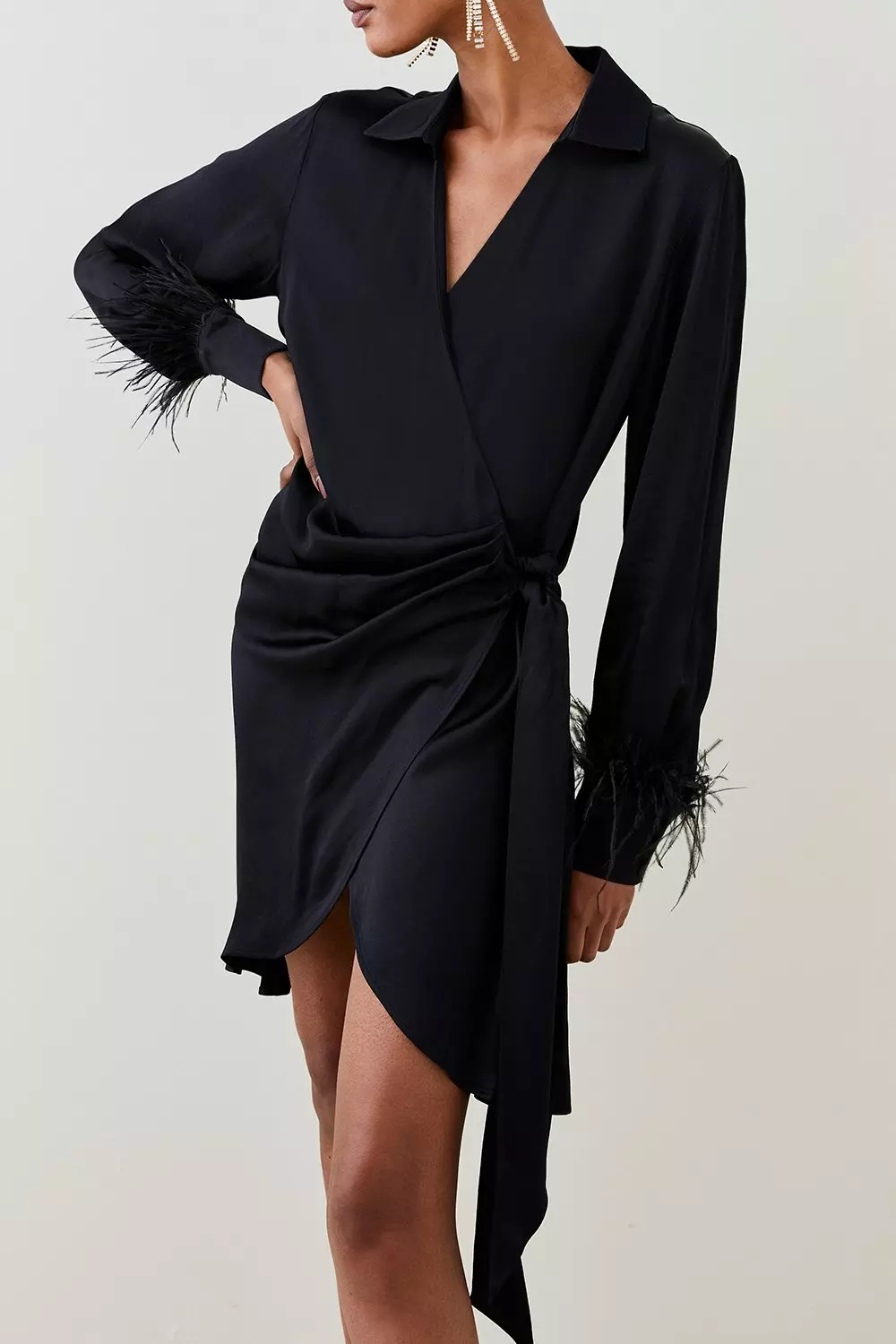 Tailored Satin Back Crepe Feather Cuff Mini Dress | Karen Millen