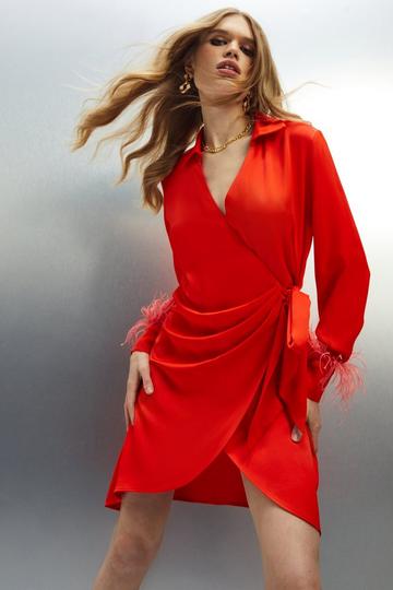 Red Tailored Satin Back Crepe Feather Cuff Mini Dress