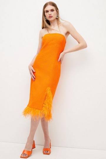 Boucle Feather Hem Pencil Midi Dress orange