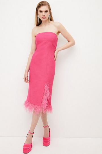 Pink Boucle Feather Hem Pencil Midi Dress