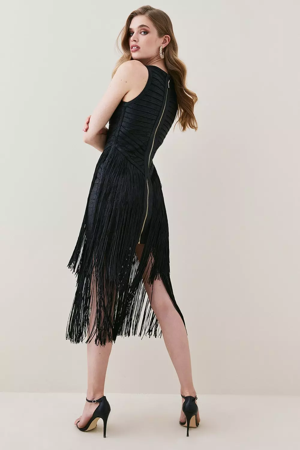 Foiled Bandage Knit Fringe Tiered Midi Dress | Karen Millen