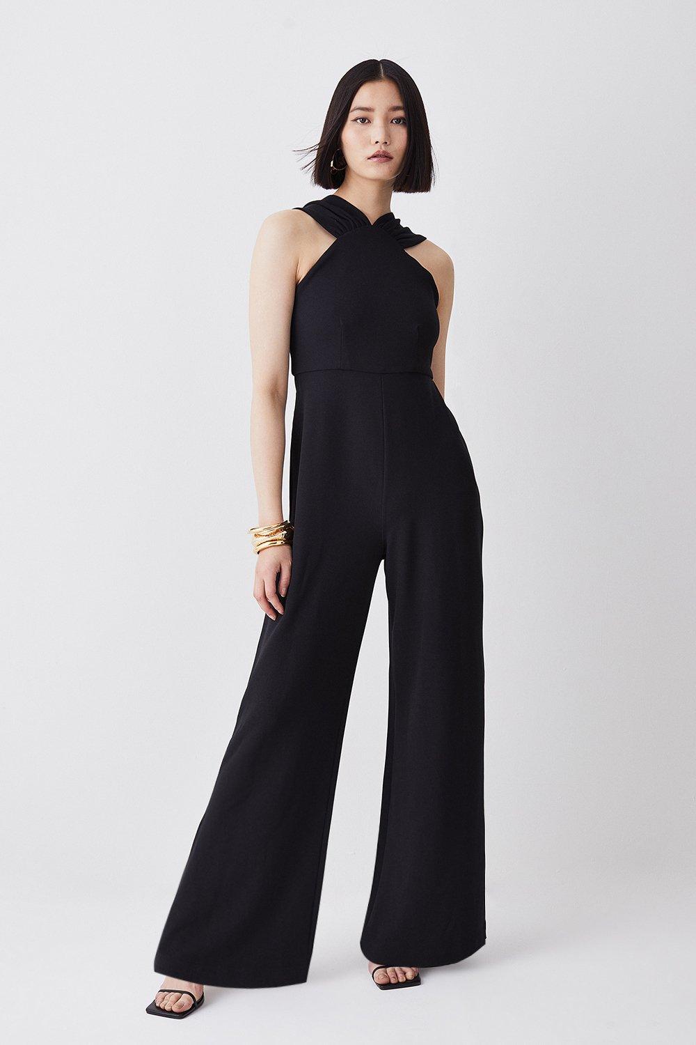 Embellished Halterneck Wide Leg Jersey Jumpsuit | Karen Millen