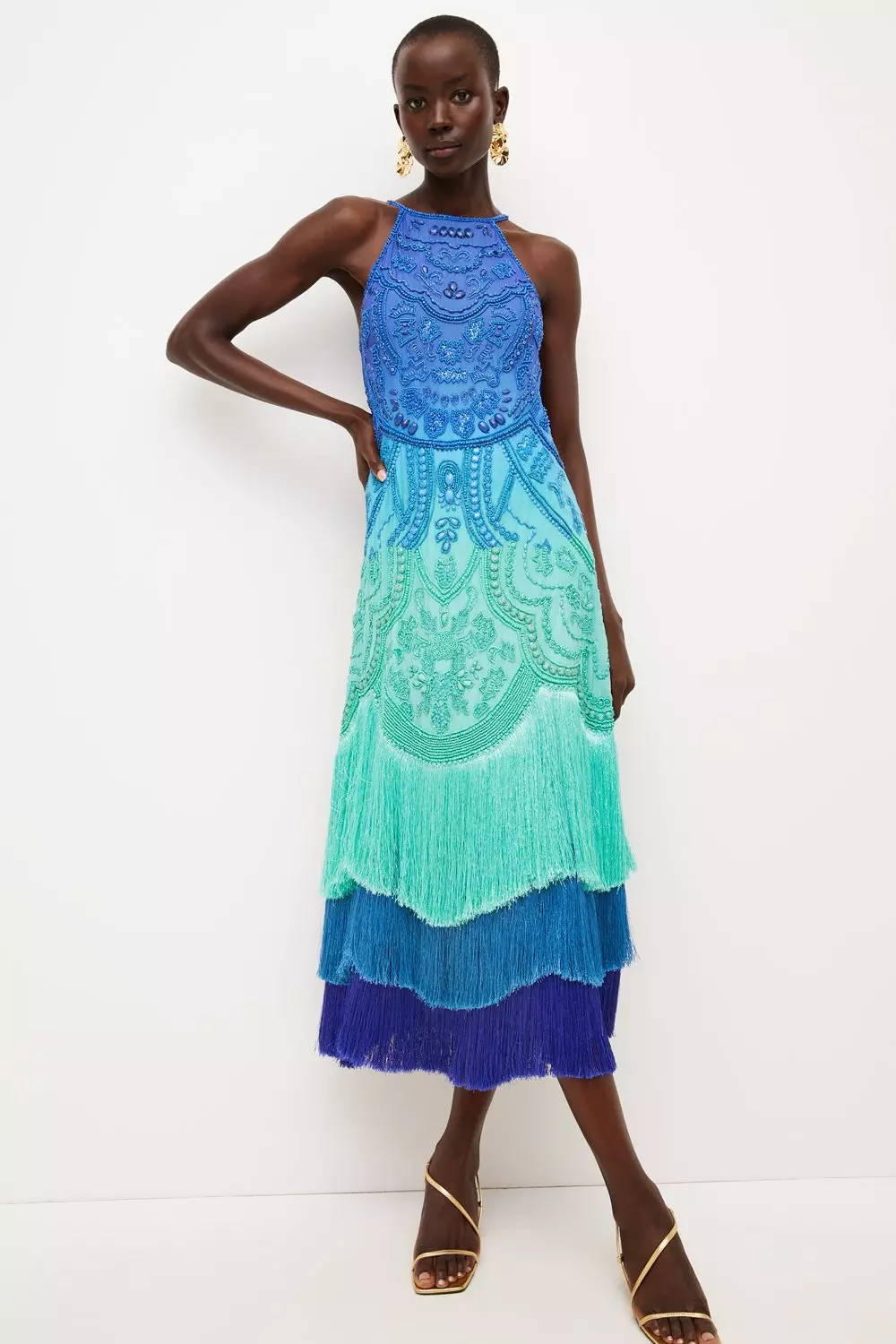 Ombre Fringe Strappy Beaded Maxi Dress | Karen Millen