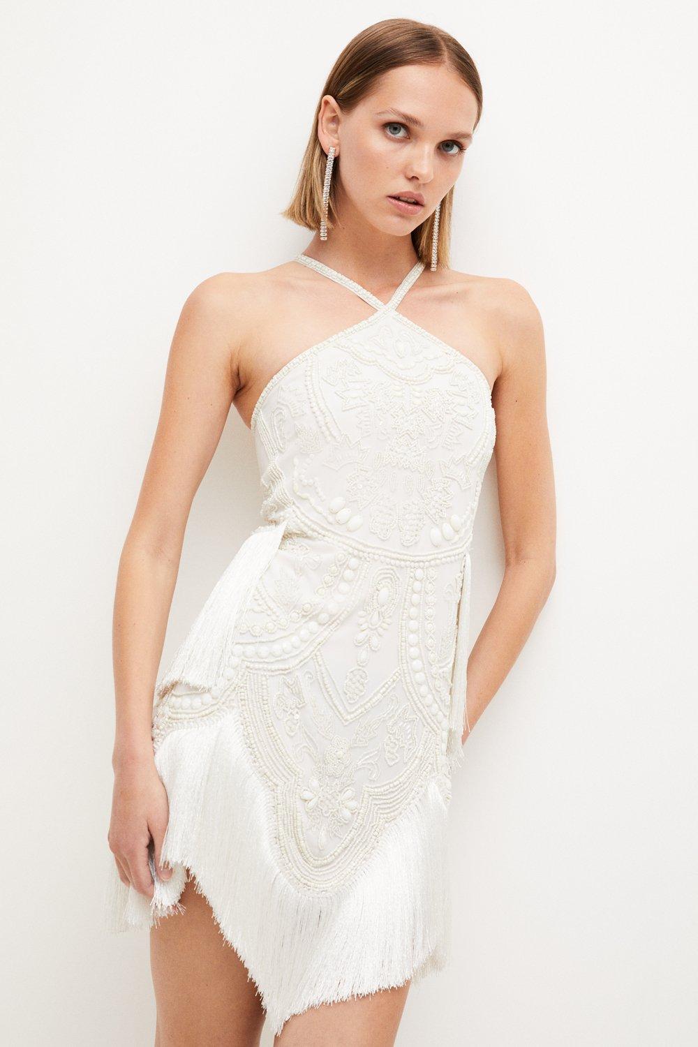 Petite Fringed Beaded Halter Mini Dress | Karen Millen