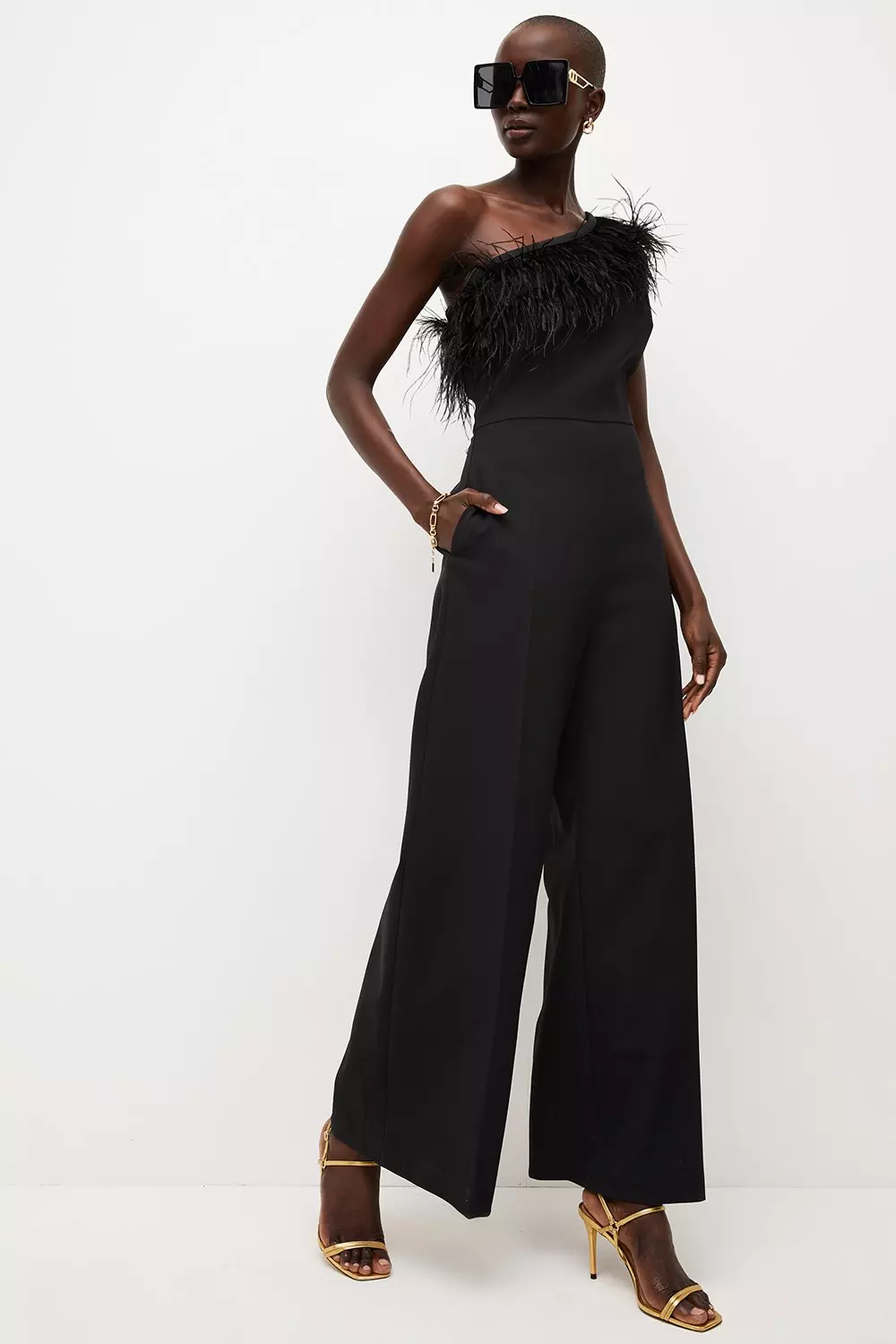 Feather One Shoulder Jumpsuit | Karen Millen